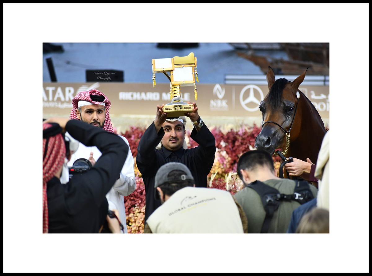 Al Shaqab stud manager Khalid Al Jehani and the triumphant Shahalel Al Shaqab