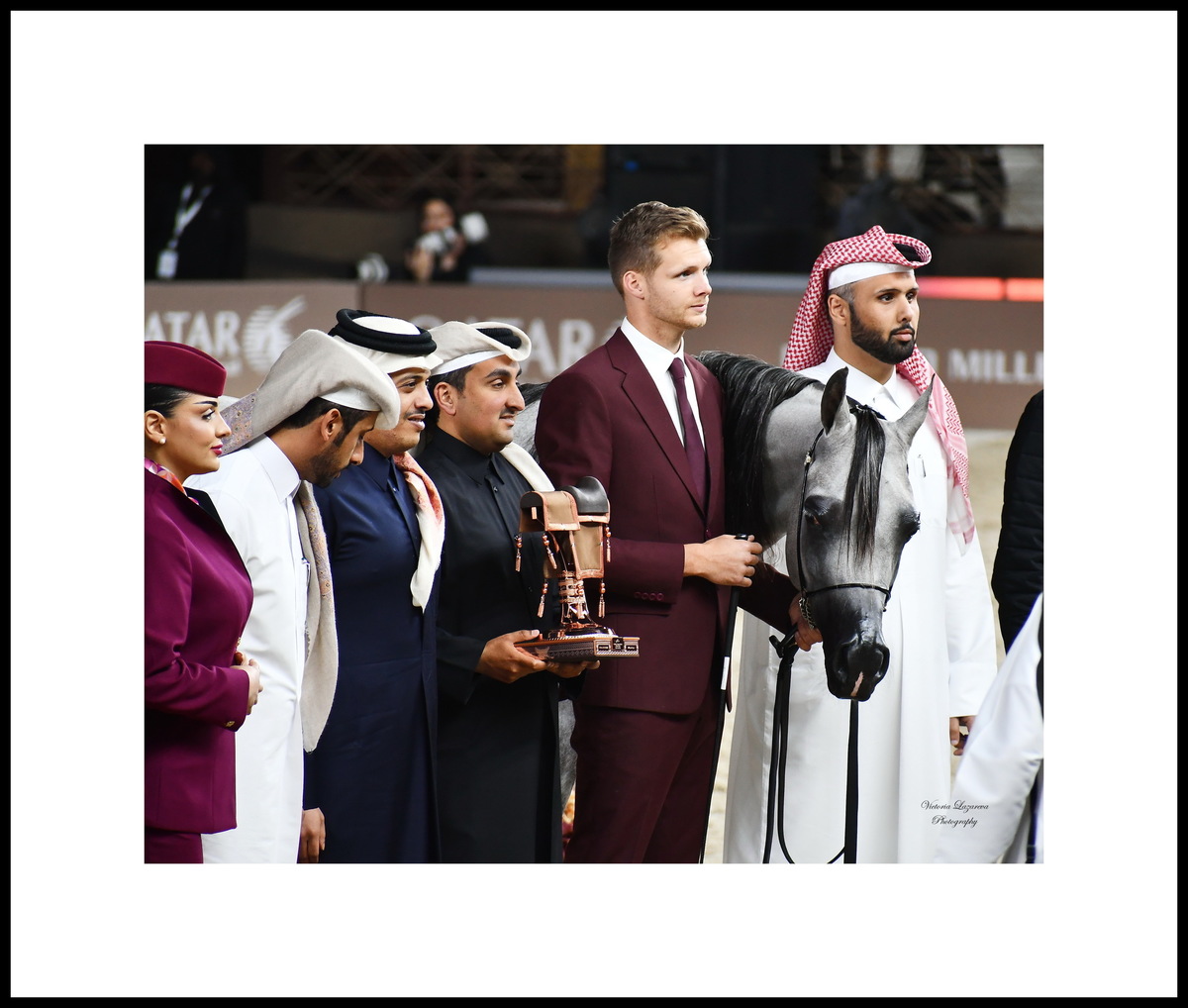 Al Shaqab stud manager Khalid Al Jehani, the Al Shaqab team and the triumphant Arabian mare D Beisan, QATAR